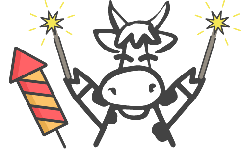 Cow mascot holding fireworks and sparklers