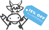 cow holding sign saying 15% off all materials