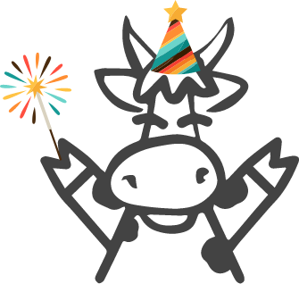 cow holding sparkler with a party hat on